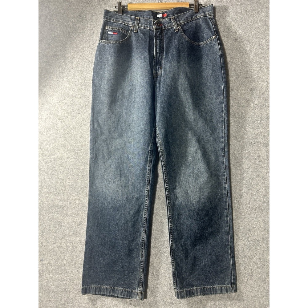 Vintage Tommy Hilfiger Jeans Mens 34x30 Blue Flag Patch Logo Baggy 90s Y2K Denim